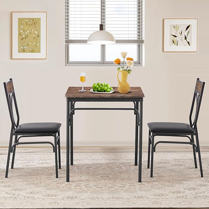 VECELO Kitchen Dining Room Table 2 Chairs for Small Space, Apartment,Metal Steel Frame, 3-Piece Set, Brown - LeafyLoom