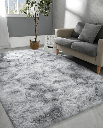 4x6 Large Area Rugs for Living Room, Super Soft Fluffy Modern Bedroom Rug, Tie-Dyed Light Grey Indoor Shag Fuzzy Carpets for Girls Kids Nursery Room Home Decor - LeafyLoom