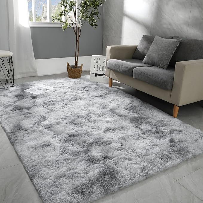 6x9 Large Area Rugs for Living Room, Super Soft Fluffy Modern Bedroom Rug, Tie-Dyed Light Grey Indoor Shag Fuzzy Carpets for Girls Kids Nursery Room Home Decor - LeafyLoom