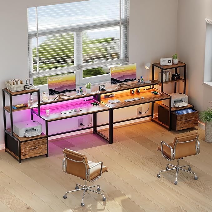 GreenForest Computer Desk with Drawer and Printer Shelf, 68.8 inch Home Office Desk with LED Lights and Power Outlets, Desk with Storage for Study Gaming Working, Walnut - LeafyLoom