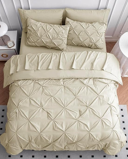 LANE LINEN California King Comforter Set, 7 Piece Cal King Bed in a Bag, Pintuck Cal King Bedding Set, Soft Cali King Bed Set, Cal King Bedding Comforter Sets with Sheets, Pillowcases & Shams - Linen - LeafyLoom