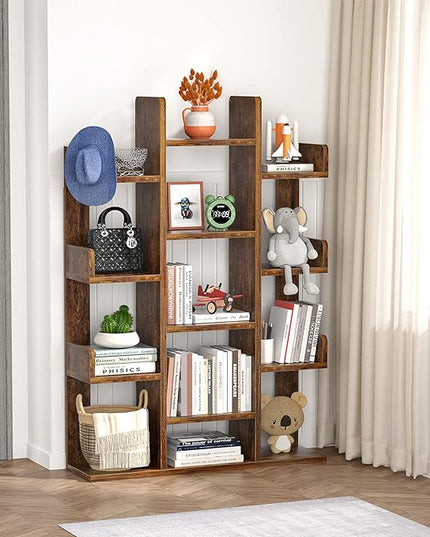 Aheaplus Bookshelf, Tree-Shaped Bookcase Storage Shelf with 13 compartments, Books Organizer Display Cube Shelves, Industrial Free Floor Standing Wood Open Bookshelves for Home - LeafyLoom