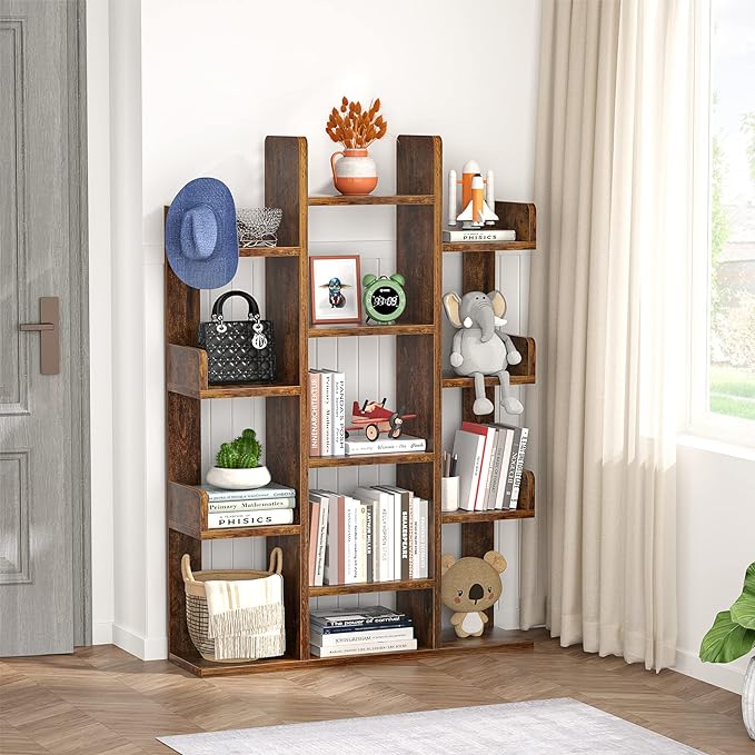 Aheaplus Bookshelf, Tree-Shaped Bookcase Storage Shelf with 13 compartments, Books Organizer Display Cube Shelves, Industrial Free Floor Standing Wood Open Bookshelves for Home - LeafyLoom