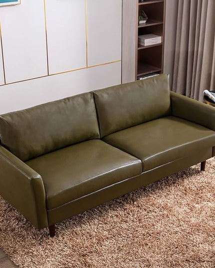 Dreamsir 80'' Faux Leather Sofa Couch, Mid-Century Modern Sofa with Solid Wooden Frame & Padded Cushions, 3-Seater Couch for Living Room, Apartment, Lounge Room (Green) - LeafyLoom