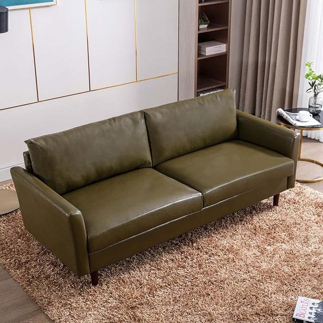 Dreamsir 80'' Faux Leather Sofa Couch, Mid-Century Modern Sofa with Solid Wooden Frame & Padded Cushions, 3-Seater Couch for Living Room, Apartment, Lounge Room (Green) - LeafyLoom