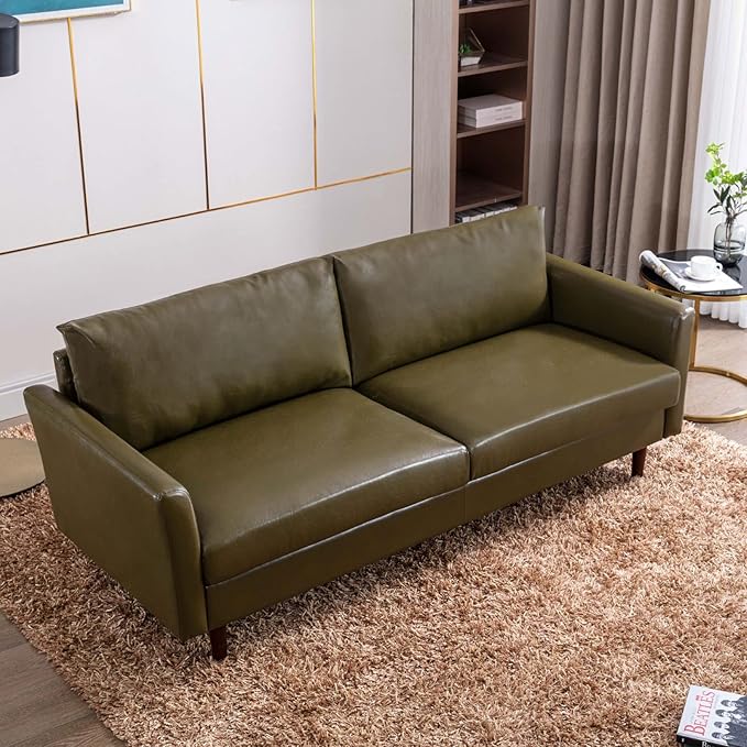 Dreamsir 80'' Faux Leather Sofa Couch, Mid-Century Modern Sofa with Solid Wooden Frame & Padded Cushions, 3-Seater Couch for Living Room, Apartment, Lounge Room (Green) - LeafyLoom