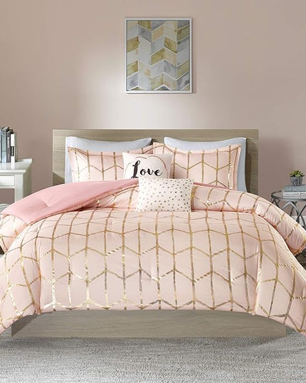 Intelligent Design Raina Comforter Microfiber Metallic Print Geometric Design Embroidered Toss Pillow Modern Trendy Casual All Season Bedding Set Matching Sham, Full/Queen, Blush/Gold 5 Piece - LeafyLoom