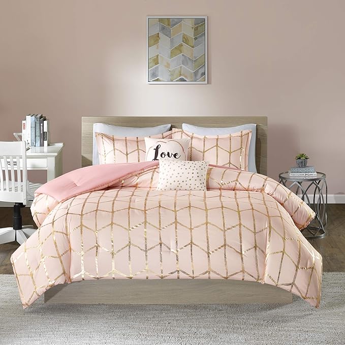 Intelligent Design Raina Comforter Microfiber Metallic Print Geometric Design Embroidered Toss Pillow Modern Trendy Casual All Season Bedding Set Matching Sham, Full/Queen, Blush/Gold 5 Piece - LeafyLoom