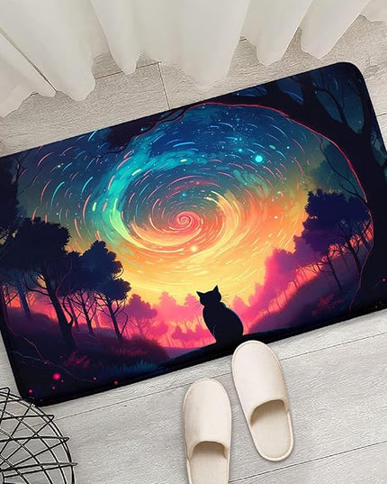 Moon Black Cat Rug - Mystical Stary Night Cat Rug for Kids Bedroom Colorful Black Cat Rug Decor Room Cat Door Mats Outdoor Entrance, 2x3 Feet - LeafyLoom