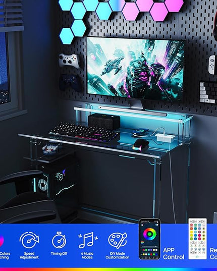 HMYHUM Acrylic Gaming Desk with LED Lights & Charging Station, Clear Computer Desk with Monitor Stand and Shelves, Home Office Desk with USB Ports & Outlet, 39.4" L x 19.7" W x 29.5" H - LeafyLoom