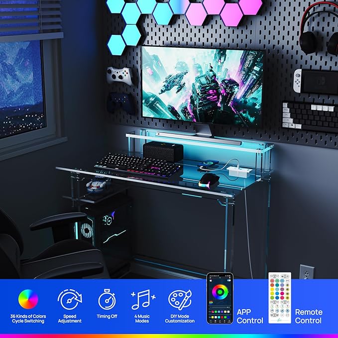 HMYHUM Acrylic Gaming Desk with LED Lights & Charging Station, Clear Computer Desk with Monitor Stand and Shelves, Home Office Desk with USB Ports & Outlet, 39.4" L x 19.7" W x 29.5" H - LeafyLoom