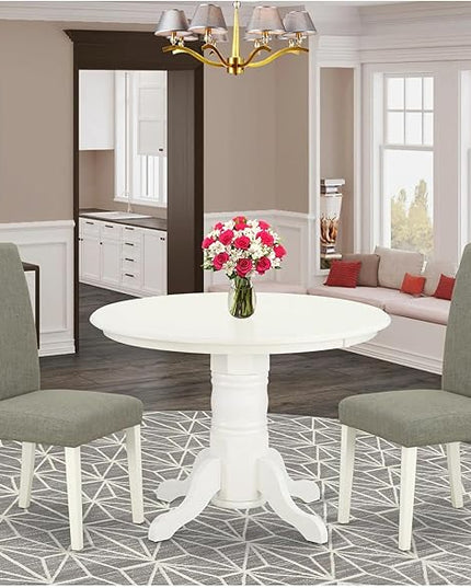 East West Furniture SHEN3-LWH-06 3 Piece Set Contains a Round Kitchen Table with Pedestal and 2 Dark Shitake Linen Fabric Parson Dining Chairs, 42x42 Inch - LeafyLoom