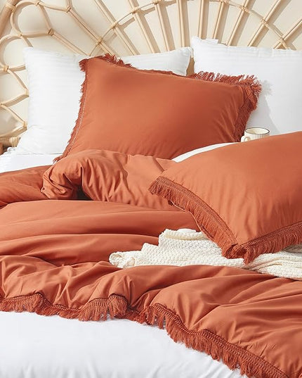 Litanika Terracotta Comforter Full Size, Boho Tassel Burnt Orange Comforter 3 Pieces, Rust Lightweight Fringe Bedding Set for All Season(1 Comforter 79x90 inch, 2 Pillowcases) - LeafyLoom