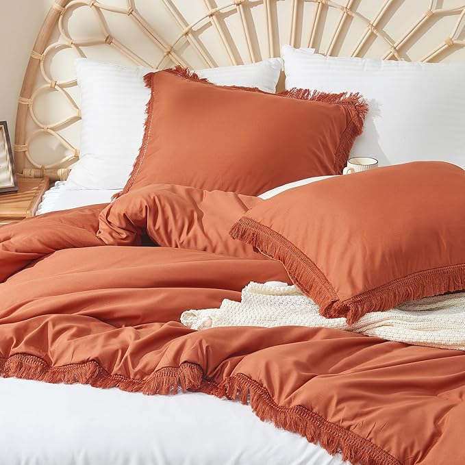 Litanika Terracotta Comforter Full Size, Boho Tassel Burnt Orange Comforter 3 Pieces, Rust Lightweight Fringe Bedding Set for All Season(1 Comforter 79x90 inch, 2 Pillowcases) - LeafyLoom
