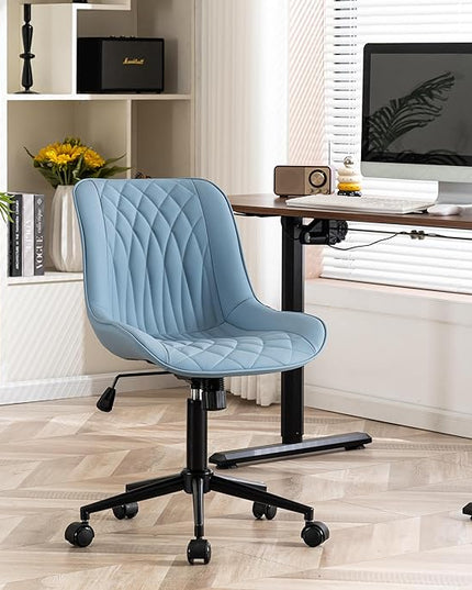 YOUNIKE Desk Chair with Wheels Armless Office Chair Swivel Rolling Task Chair with Back Upholstered Faux Leather Computer Chair Height Adjustable Modern Ergonomic Seat, Loads 300 lbs, Blue - LeafyLoom