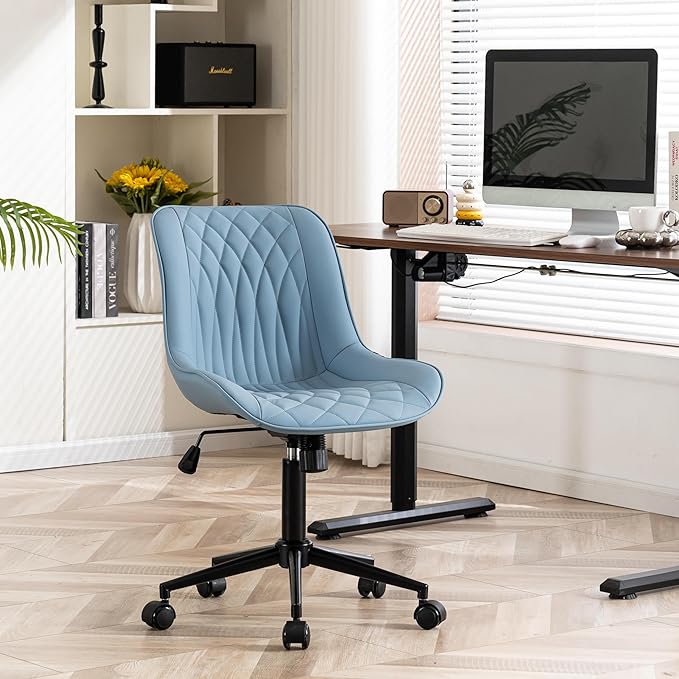 YOUNIKE Desk Chair with Wheels Armless Office Chair Swivel Rolling Task Chair with Back Upholstered Faux Leather Computer Chair Height Adjustable Modern Ergonomic Seat, Loads 300 lbs, Blue - LeafyLoom