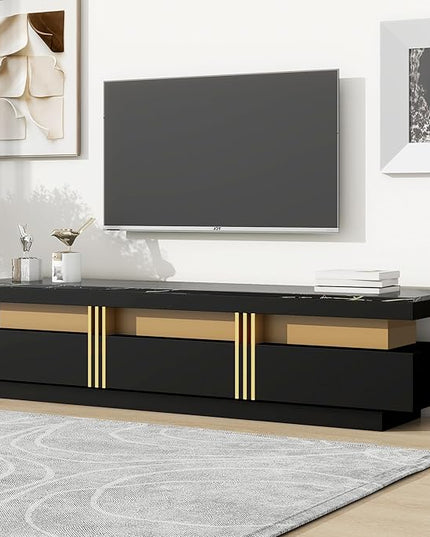 Merax Luxury TV Stand with High Gloss Faux Marble Top, Golden Panel Design, and 3 Drawers for Televisions Up to 78'', Rectangle Media Console, Practical Entertainment Center for Living Room, Black - LeafyLoom