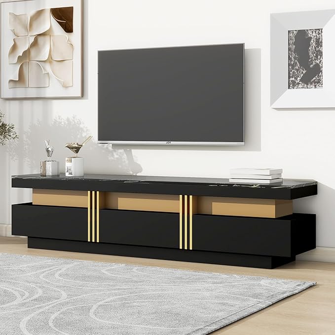 Merax Luxury TV Stand with High Gloss Faux Marble Top, Golden Panel Design, and 3 Drawers for Televisions Up to 78'', Rectangle Media Console, Practical Entertainment Center for Living Room, Black - LeafyLoom