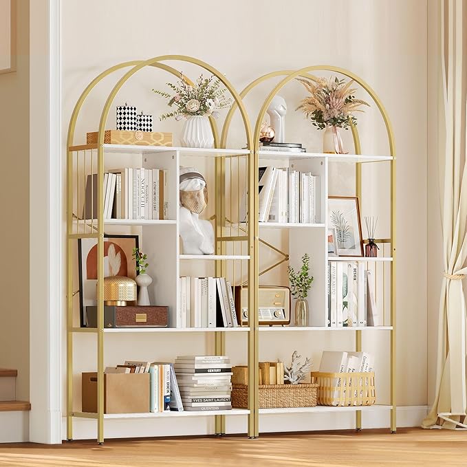 YITAHOME Gold Arched Bookshelf and Bookcase, 5 Tier Standing Book Shelf, Storage Display Rack Shelves for Bedroom Living Room Office,White&Gold - LeafyLoom