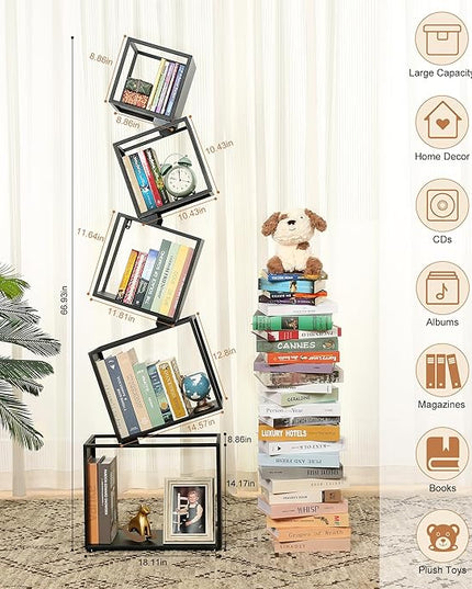 Bookshelf 2024 NEW, 5-Tier Bookshelves, 67" Tall Black Bookshelf, Book Shelf, Bookcase, Modern Bookshelf, Storage Shelf for CDs/Books/Collections, Display Shelf for Livingroom, Bedroom, Office - LeafyLoom