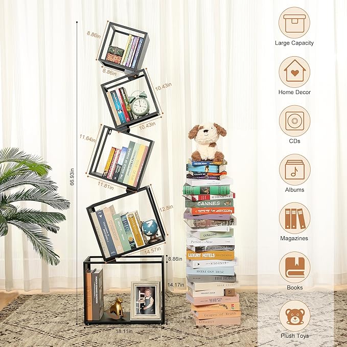 Bookshelf 2024 NEW, 5-Tier Bookshelves, 67" Tall Black Bookshelf, Book Shelf, Bookcase, Modern Bookshelf, Storage Shelf for CDs/Books/Collections, Display Shelf for Livingroom, Bedroom, Office - LeafyLoom