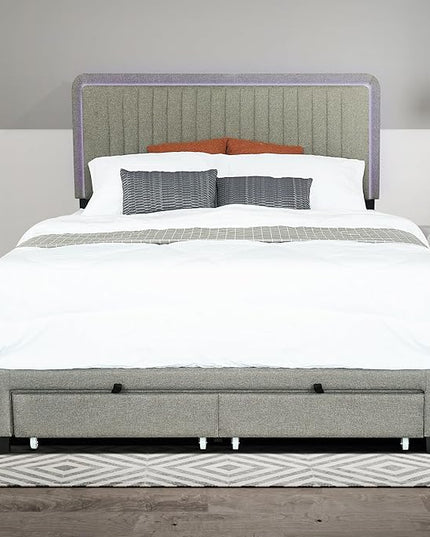 Queen Size Linen Fabric Upholstered Platform Bed with Adjustable LED Headboard and Footboard Drawers,Rubberwood Bed-frame for Bedroom,Guest room,Apartment,No Box Spring Require,Stone Gray - LeafyLoom