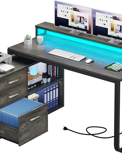YITAHOME L Shaped Desk with Power Outlets & LED Lights & File Cabinet, 55" Corner Computer Desk with 3 Drawers and 2 Storage Shelves, Home Office Desk with Monitor Stand, Grey - LeafyLoom