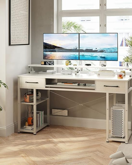 ODK Computer Desk, 55'' Office Desk with Keyboard Tray, Writting Desk with Drawers and Monitor Stand, Study Table with CPU Stand and Removable Shelf for Storage, White - LeafyLoom