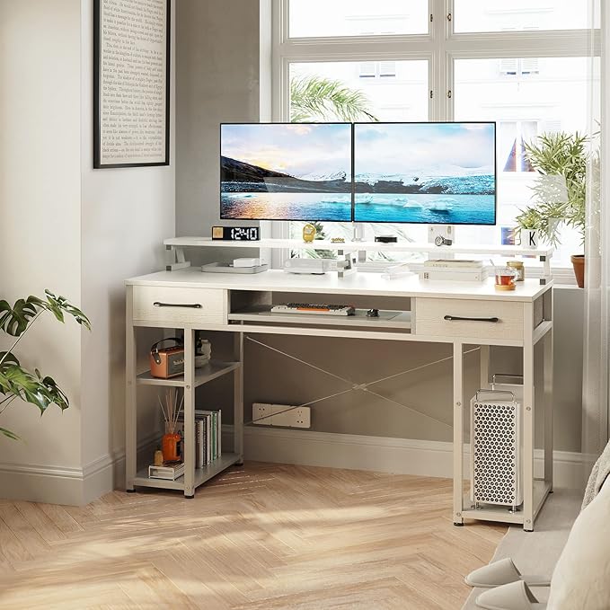 ODK Computer Desk, 55'' Office Desk with Keyboard Tray, Writting Desk with Drawers and Monitor Stand, Study Table with CPU Stand and Removable Shelf for Storage, White - LeafyLoom