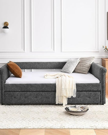 Upholstered Full Size Daybed with Twin Trundle, Solid Wood Sofa Bed Frame w/Button Tufted and Copper Nail on Square Arms, for Bedroom, Guest Room, No Spring Box Need, Grey - LeafyLoom