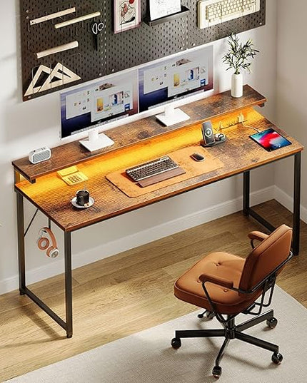 AODK Computer Desk Large Desk with LED Lights and Power Outlet, 63 Inch Office Desk with Adjustable Monitor Shelf (3 Heights), Study Writing Large Desk PC Desk for Home, Rustic Brown - LeafyLoom