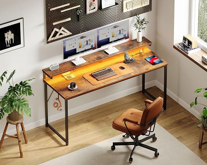AODK Computer Desk Large Desk with LED Lights and Power Outlet, 63 Inch Office Desk with Adjustable Monitor Shelf (3 Heights), Study Writing Large Desk PC Desk for Home, Rustic Brown - LeafyLoom