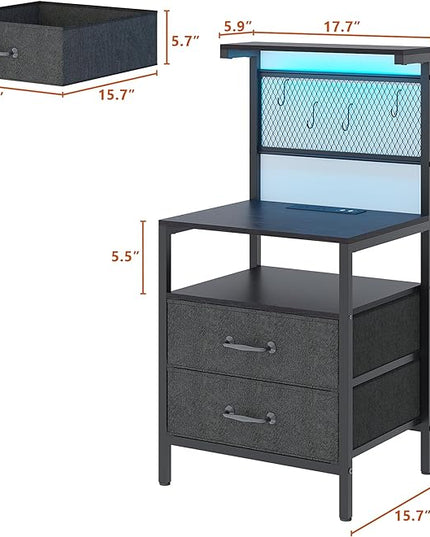 Tall Nightstand Set of 2 with Charging Station and LED Lights, Night Stand with Fabric Drawers, Bedside Table 36.4 Inch with Storage Shelves, Side Table, Mesh Shelves with Hooks, Black - LeafyLoom