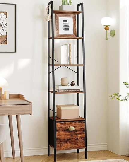 Narrow Bookshelf Bookcase with Drawer, Ladder Shelf with 2 Hooks, Bookshelves Storage Organizer, Freestanding Display Standing for Home Office, Bedroom, 6 Tier Rustic Brown BC19601B - LeafyLoom