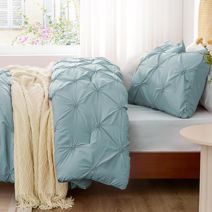 BEDELITE Light Blue Twin Comforter Set for Girls - 2 Peices Boho Pintuck Bedding Comforter Sets, Lightweight Soft & Warm Twin Bedding Sets with 1 Pillowcase for All Season - LeafyLoom