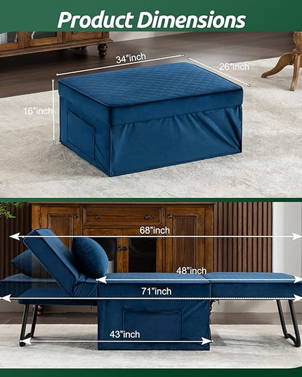 Sofa Bed, 4 in 1 Multi-Function Folding Ottoman Breathable Velvet Couch Bed with Adjustable Backrest Modern Convertible Chair for Living Room Apartment Office,Squared-Blue - LeafyLoom