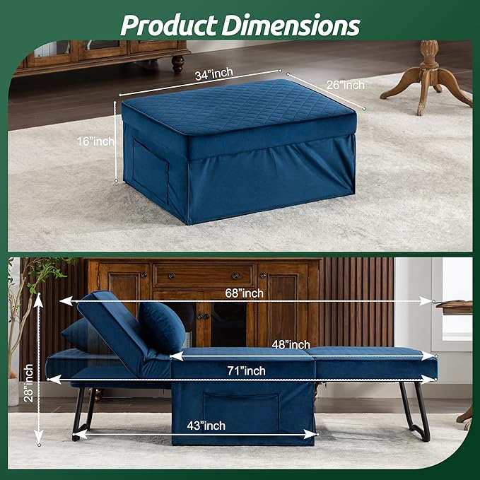 Sofa Bed, 4 in 1 Multi-Function Folding Ottoman Breathable Velvet Couch Bed with Adjustable Backrest Modern Convertible Chair for Living Room Apartment Office,Squared-Blue - LeafyLoom