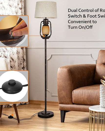 Suraielec Farmhouse Floor Lamp with Night Light, Rustic Standing Lamps for Living Room, Beige Linen Drum Lampshade, Oil Rubbed Bronze Finish, Traditional Floor Lamps for Bedroom Home Decor,Foot Switch - LeafyLoom