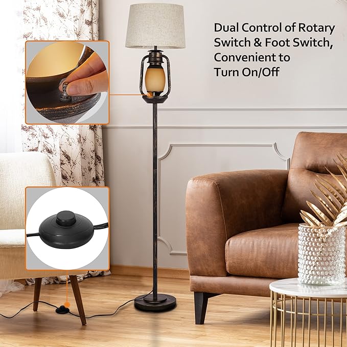 Suraielec Farmhouse Floor Lamp with Night Light, Rustic Standing Lamps for Living Room, Beige Linen Drum Lampshade, Oil Rubbed Bronze Finish, Traditional Floor Lamps for Bedroom Home Decor,Foot Switch - LeafyLoom