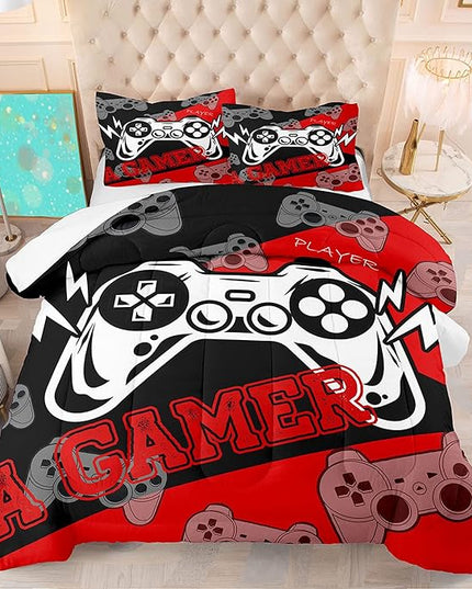 Gaming Comforter Sets for Boys Video Game Full Size Comforter Set for All Seasons Gamer Bedding Sets for Kids Bedroom Black and Red Gamepad Boys Bedding 1 Comforter and 2 Pillowcases - LeafyLoom