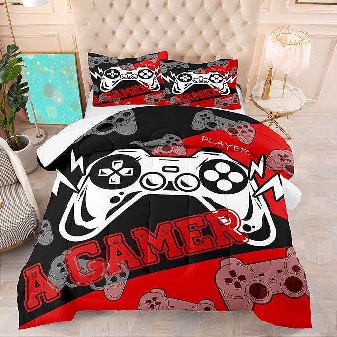 Gamer Bedding Sets for Boys Game Comforters Queen Size for All Seasons Gaming Bedding Sets for Kids Bedroom Decor Black and Red Game Controller Beddings 1 Comforter and 2 Pillowcases - LeafyLoom