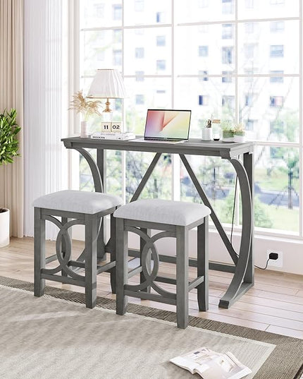 NicBex Kitchen Table for 2 Dining Table 3-Piece Counter Height Dining Table Set with USB Port and Upholstered Stools for Home, Kitchen, Dining Room, Wooden Frame, Gray - LeafyLoom