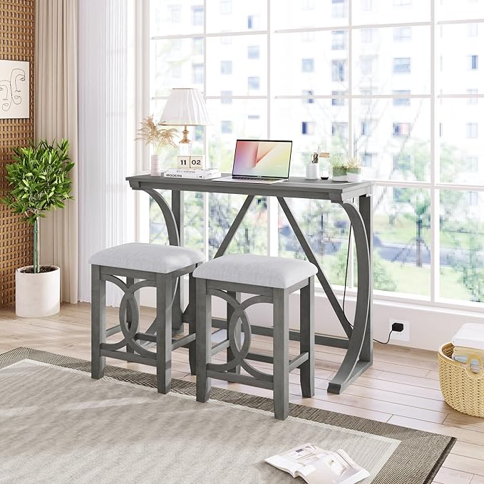NicBex Kitchen Table for 2 Dining Table 3-Piece Counter Height Dining Table Set with USB Port and Upholstered Stools for Home, Kitchen, Dining Room, Wooden Frame, Gray - LeafyLoom