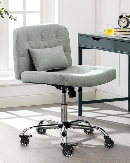 Criss Cross Chair with Wheels, Comfy Fabric Cross Legged Office Chair for Adult, Armless Wide Seat Desk Chair with Lumbar Pillow,Swivel Vanity Chair for Home Office, Conference (Sage Green) - LeafyLoom