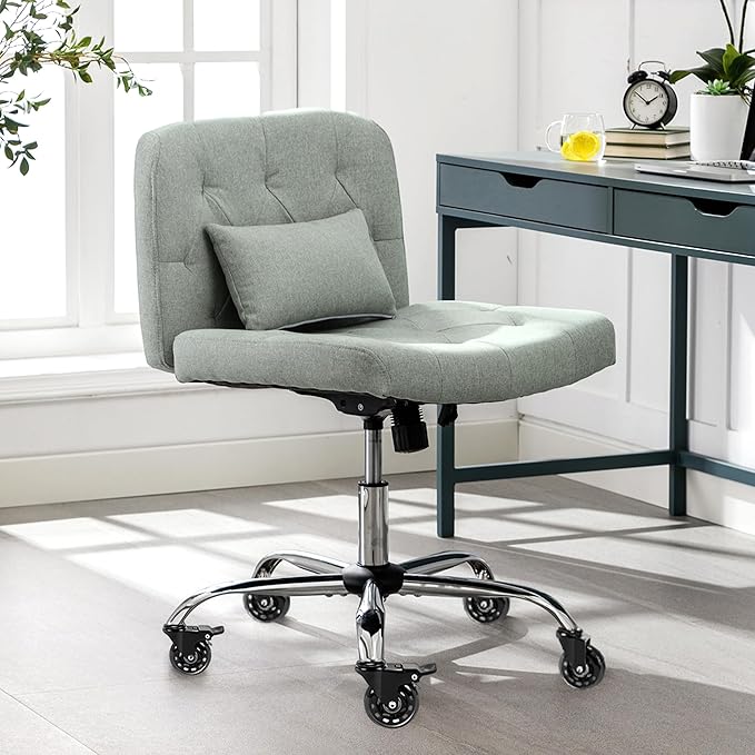 Criss Cross Chair with Wheels, Comfy Fabric Cross Legged Office Chair for Adult, Armless Wide Seat Desk Chair with Lumbar Pillow,Swivel Vanity Chair for Home Office, Conference (Sage Green) - LeafyLoom