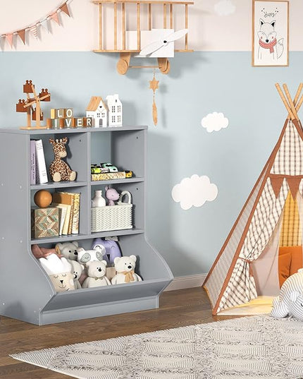Aheaplus Toy Storage Organizer with Bookcase, 3 Cubby Bookshelf Toy Storage Cabinet, Open Multi-Bins Toys&Books Storage Display Organizer for Playroom, Bedroom, Nursery, School, Grey - LeafyLoom