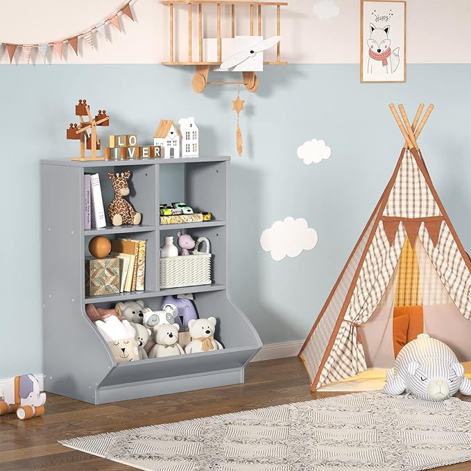 Aheaplus Toy Storage Organizer with Bookcase, 3 Cubby Bookshelf Toy Storage Cabinet, Open Multi-Bins Toys&Books Storage Display Organizer for Playroom, Bedroom, Nursery, School, Grey - LeafyLoom