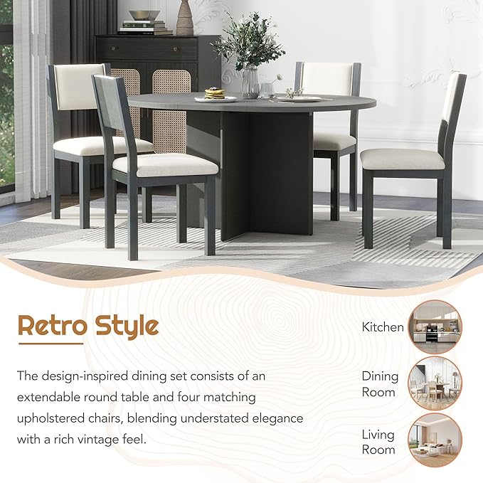 NicBex Small Dining Table Set for 4 Kitchen Table and Chairs 5-Piece Retro Functional Dining Set, 1 Extendable Table with a 16-inch Leaf and 4 Upholstered Chairs for Dining Room and Kitchen, White - LeafyLoom