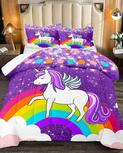 Unicorn Girls Full Size Bedding Sets Cartoon Unicorn Comforter Kids Bedding Set Cute Rainbow Unicorn Print Full Size Bedding Unicorn Kawaii Comforter Set, Purple, 1 Comforter+2 Pillowcases - LeafyLoom