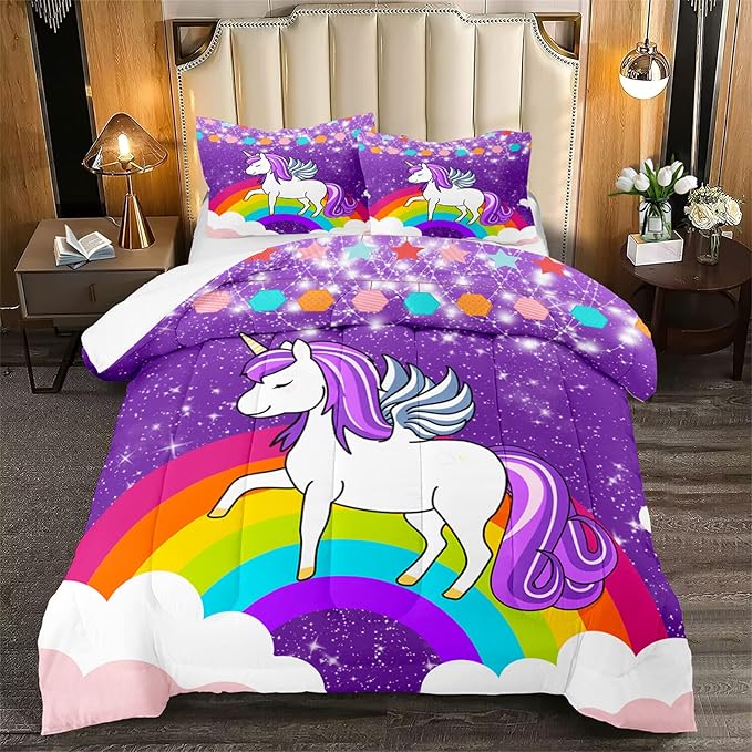 Girls Unicorn Comforter Sets Queen Comforter Set for Girls Unicorn Bedding Sets Queen Cartoon Unicorn Print Comforter Sets Girls Bedding Room Decor, Purple, 1 Comforter+2 Pillowcases - LeafyLoom